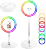 Apokin Aro de luz con Tripode Modo Multicolor RGB- Anillo de luz LED Plegable con Altura y Palo Telescópico hasta 168 cm / 66″, 10 Niveles de Brillo para Videos, Streaming y fotografía, Blanco